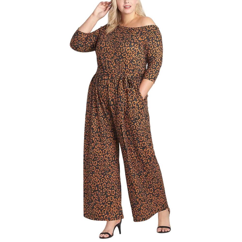 Lane Bryant Brown Black Leopard‎ 3/4 Sleeve One-Shoulder Hacci Jumpsuit 34/36